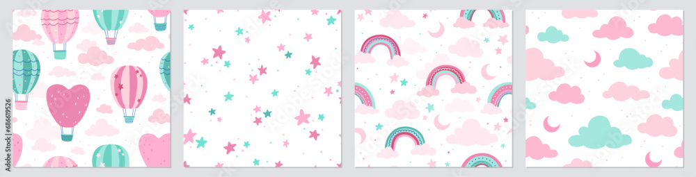 Seamless patterns with hot air balloons, clouds, rainbows, stars and moon. Vector set. Hand drawn texture for print, textile, fabric, packaging.