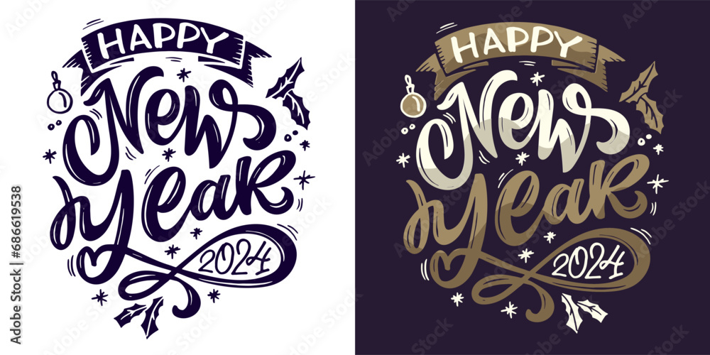 Fototapeta premium Merry Christmas and happy new year - cute postcard.New year holiday greeting card. Lettering label for poster, banner, web, sale, t-shirt design. 2024
