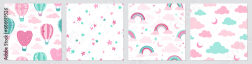 Seamless patterns with hot air balloons, clouds, rainbows, stars and moon. Vector set. Hand drawn texture for print, textile, fabric, packaging.