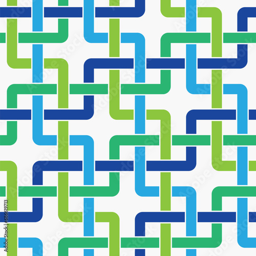 Decorative composition of intersecting multicolored lines on a white background. Retro style labyrinth design. Graphic texture. Seamless abstract geometric pattern.  Vector illustration.