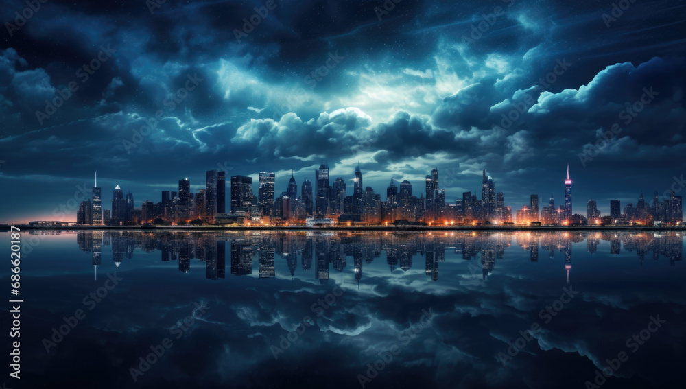 Blue tone panorama of waterfront city skyline with reflection