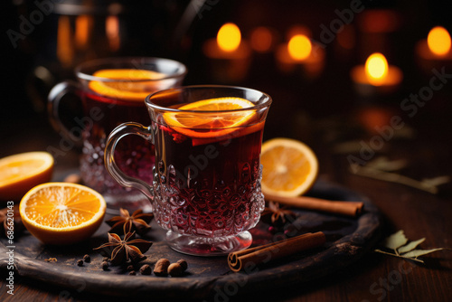 Mulled wine with spices on wooden background.
