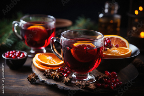 Mulled wine with spices and fruits on a wooden background.