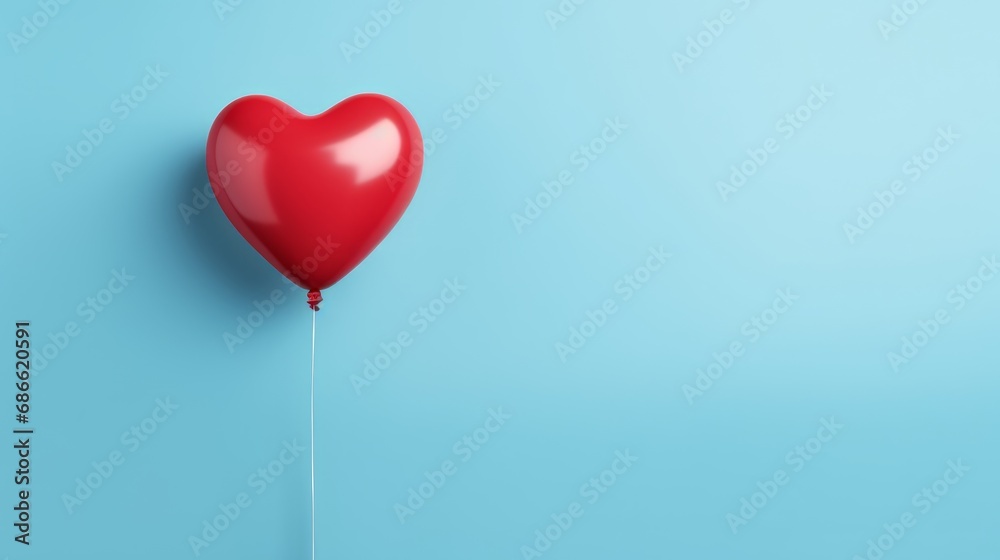 A single red heart-shaped balloon on a blue background, copy space
