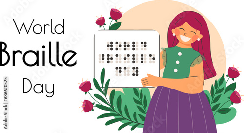 Greeting card for World Braille Day. Woman holds paper with congratulations braille on flowers. Vector illustration in flat style
