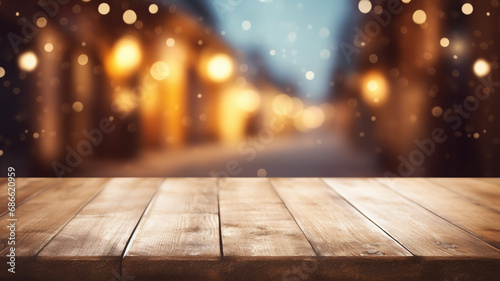 Empty wooden plank table top with festive fireworks, bokeh light background in the sky party holiday celebration.