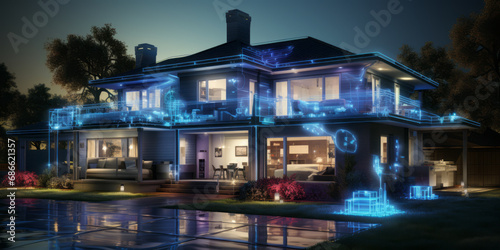 Obraz na płótnie A suburban home being scanned and transforming into a blueprint generative ai w salonie