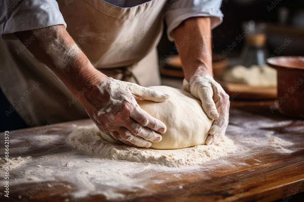 Skilled baker kneading dough for bread in bakery, defocused background, copy space available