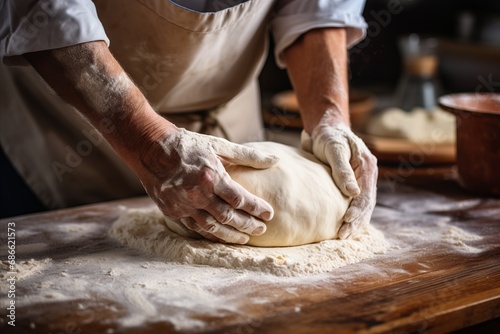 Skilled baker kneading dough for bread in bakery, defocused background, copy space available