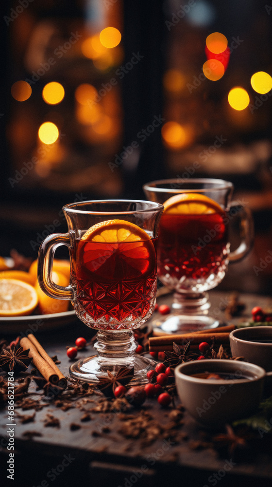 Mulled wine with spices and christmas lights on background.