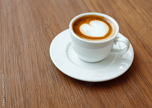 cup of coffee on wooden table with heart on foam