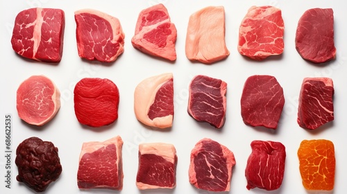 Assorted raw steaks set, top view on white background for culinary concepts and food photography