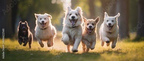 Cute funny dogs group running and playing on green grass in park. create using a generative AI tool 