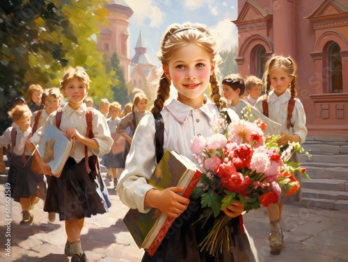 Vintage Era. Little Schoolgirls: Spring Bouquets and Joy