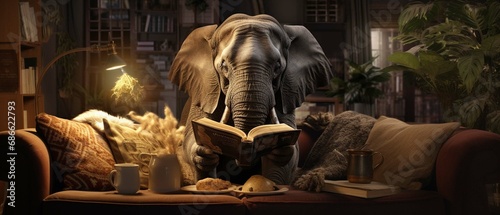 Elephant reading book on sofa  learning and knowledge concept. create using a generative ai tool 