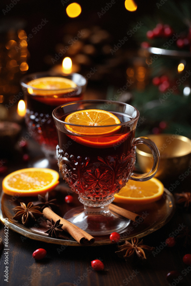 Mulled wine with spices in glass cups on wooden table, closeup. Mulled wine with spices in glass cups on wooden table, closeup.