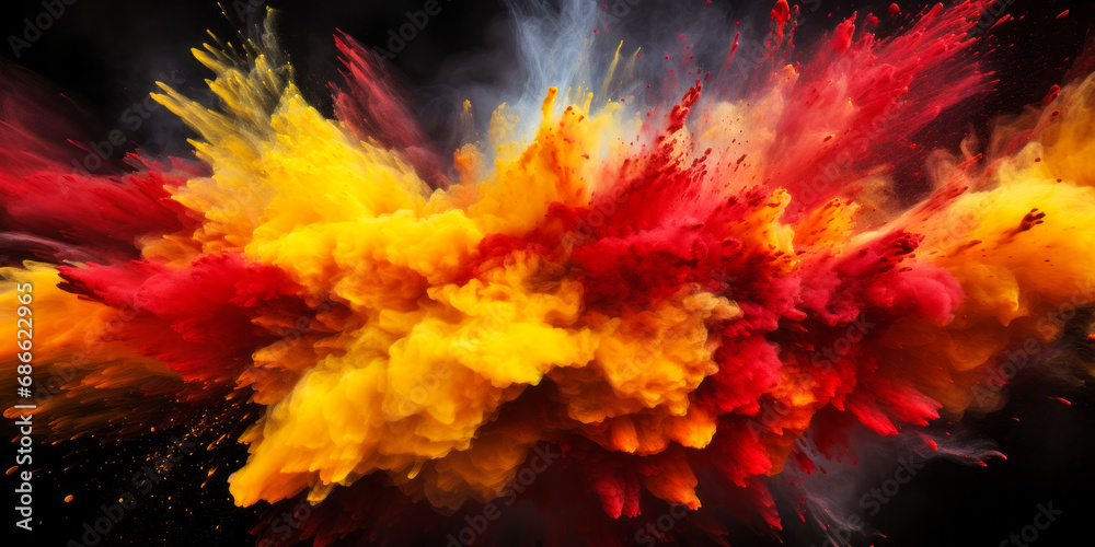 Explosive burst of red and yellow powder on a dark background, resembling a fiery nebula or dynamic paint splatter, symbolizing energy, force, and artistic creativity - obrazy, fototapety, plakaty 