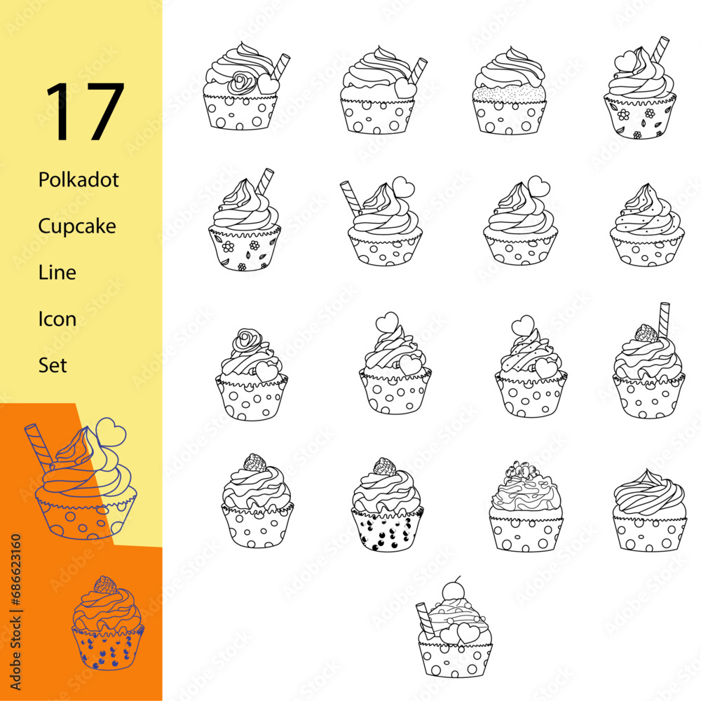 17 of polkadot cupcake line icon set