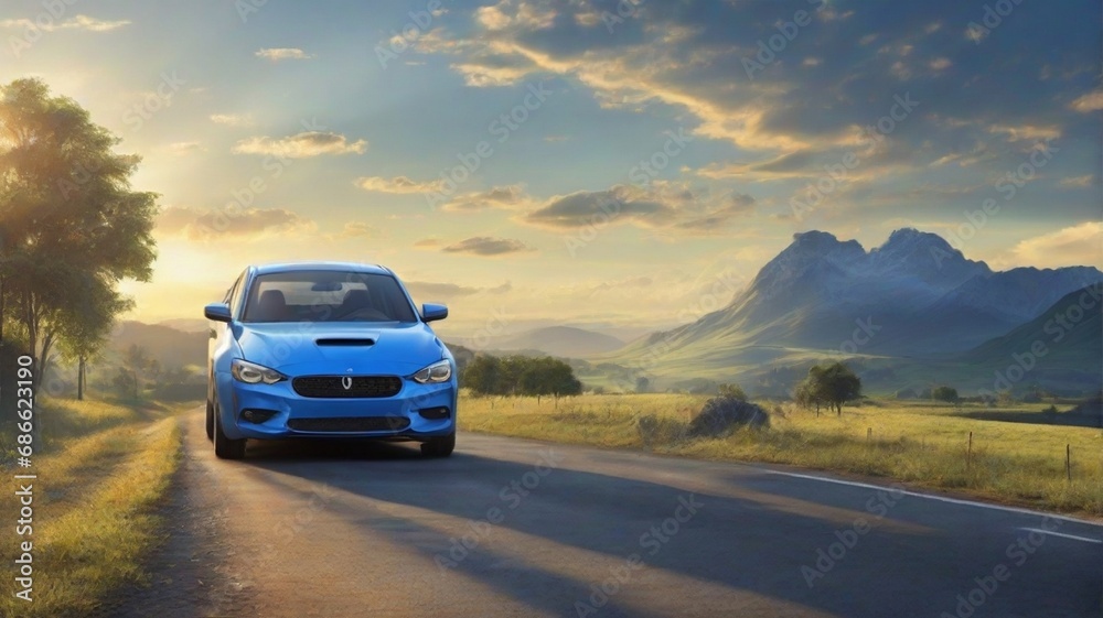 blue car on the road morning view blue car on the road morning view