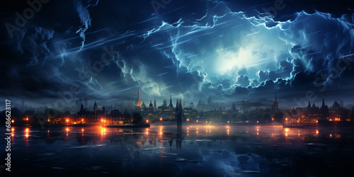 Lightning storm over city in blue light generative ai