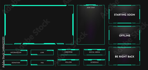 Live stream overlay panel design template. Futuristic digital streaming screen interface. Online game, video streaming frame layout. Vector illustration photo