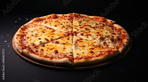 Delicious classic pizzas with golden cheese and toppings on a dark backdrop