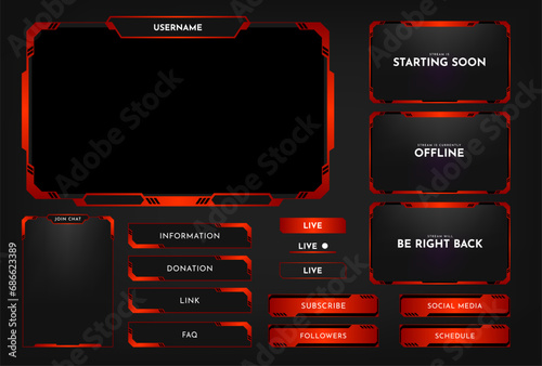 Twitch stream overlay panel design template. Futuristic digital streaming screen interface. Live video, online game stream. Vector illustration
