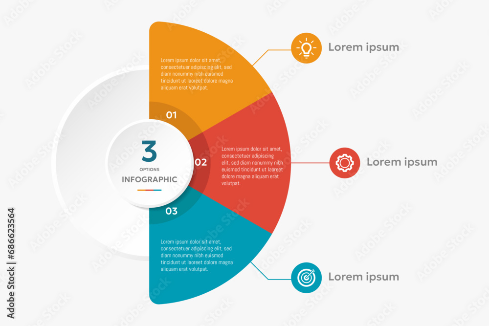 Circle chart infographic template with 3 options for presentations - obrazy, fototapety, plakaty 