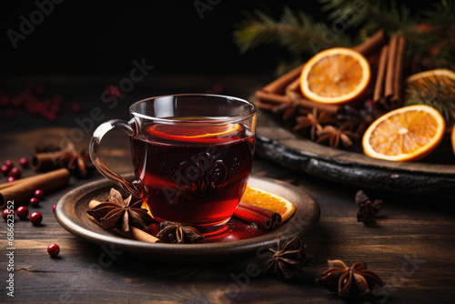 Cup of hot mulled wine with spices on dark wooden table.