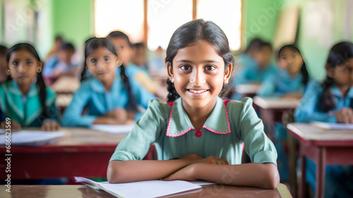 Portrait photo of a 11 year old indian girl in a modern classroom sitting at a school table photo