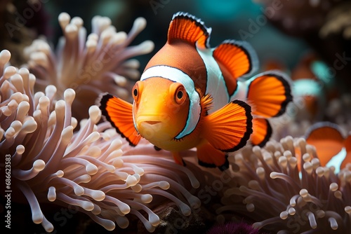 Clownfish peeking out from its anemone home within the coral reef, Generative AI