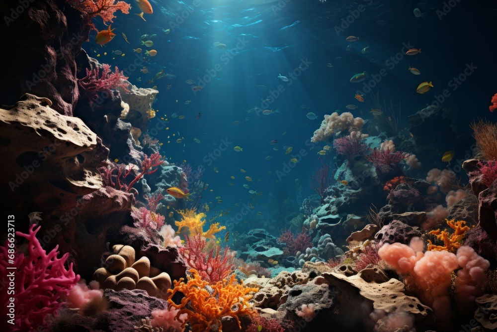 Coral reef drop-off, where the underwater landscape suddenly plunges into the deep blue abyss, Generative AI
