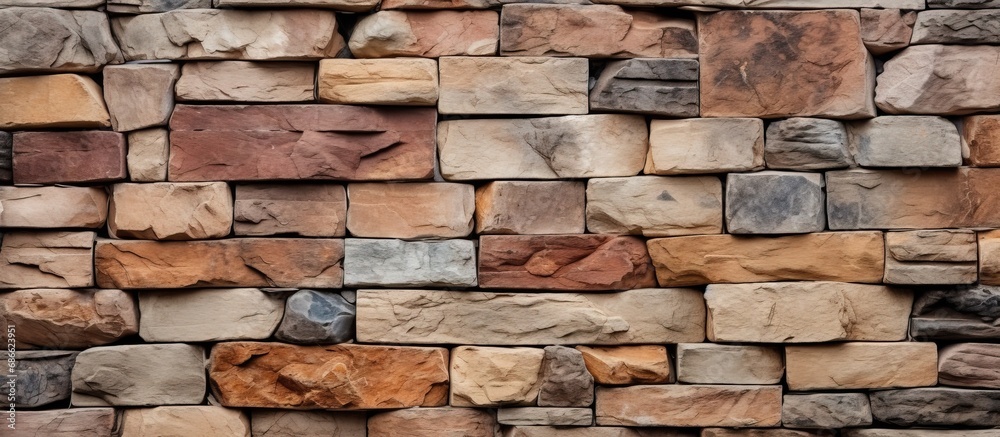 Abstract texture background of brown and gray block wall made of rock and stone