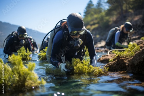 Coral restoration project  where marine biologists work to replant and restore damaged reef ecosystems  Generative AI