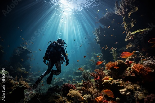 Diver capturing the breathtaking beauty of a deep-sea coral garden, home to unique and rare species, Generative AI © Shooting Star Std