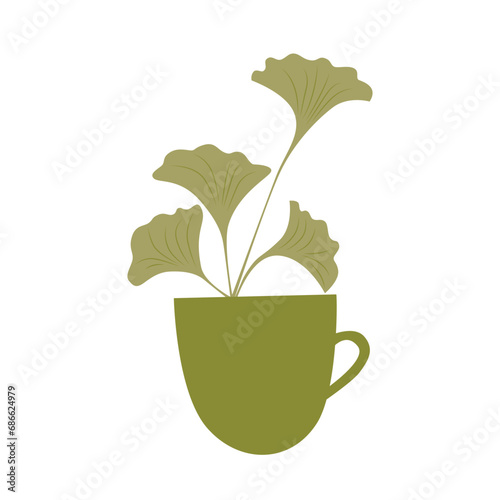 Ginkgo green leaves in  mug, herbal tea, teacup of relaxing beverage. Vector illustration of medicinal herbs