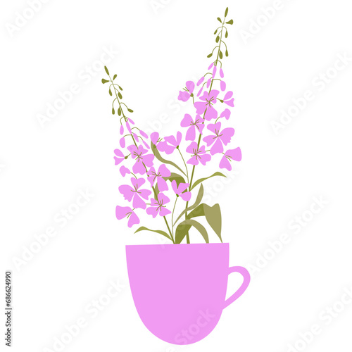 Willow herb flowers  in a  mug, herbal tea, teacup of hot beverage. Vector illustration of medicinal herbs