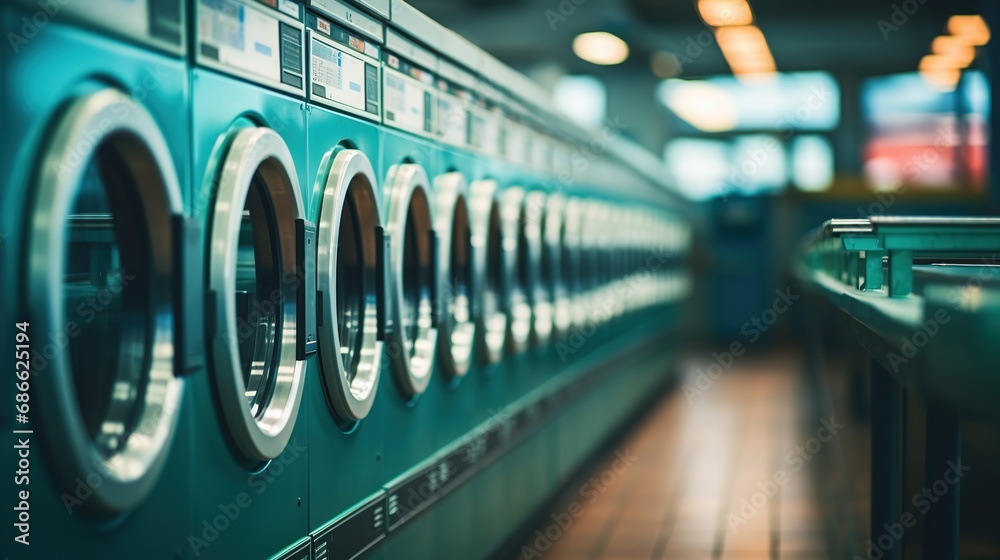 Blurred Row of industrial laundry machines in laundromat - obrazy, fototapety, plakaty 