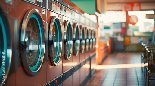 Blurred Row of industrial laundry machines in laundromat