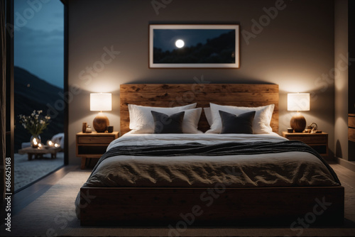 Minimalistisches Wohlfühl-Schlafzimmer: Natürliche Texturen, Holzmöbel und weiche Bettwäsche im sanften Licht, für eine ruhige und entspannte Atmosphäre. photo
