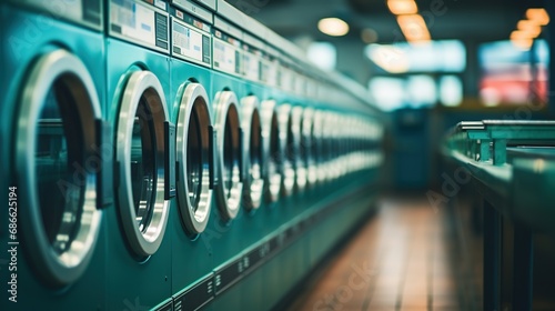 Blurred Row of industrial laundry machines in laundromat