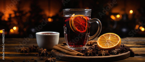 Hot mulled wine with spices on a wooden background.
