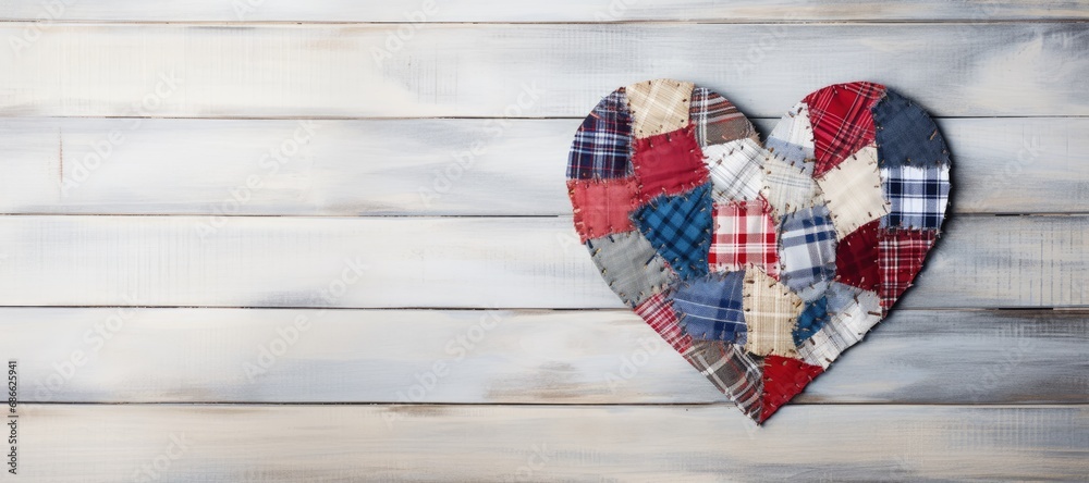 Obraz premium patchwork heart on a wooden background with a place for text