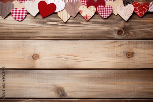 wooden background with hearts in a cage for Valentine's day. place for text