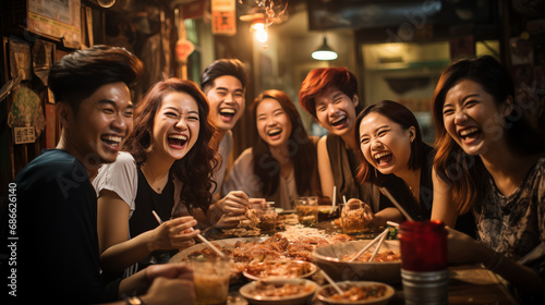 Group of happy asian friends eating together in a korean restaurant