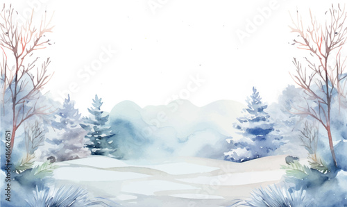 watercolor winter forest landscape with snow, background for desing