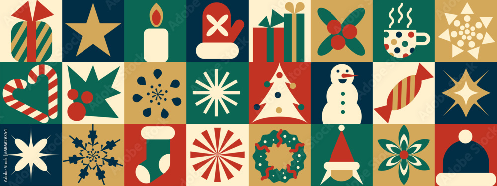 Christmas geometric seamless vector pattern for wrapping paper, background, wallpaper. Holiday season, modern, contemporary abstract design.