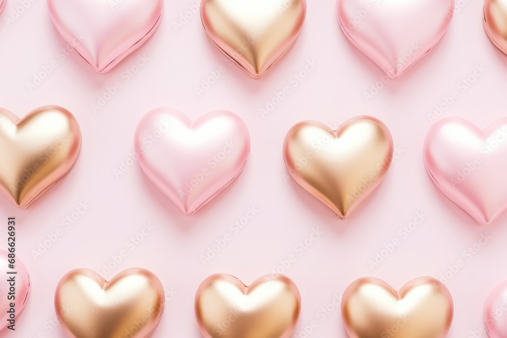 Pink and golden hearts on pastel background. Happy Valentine's Day greeting card top view