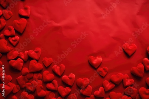 Red textile hearts on paper monocolor background. Happy Valentine s Day top view