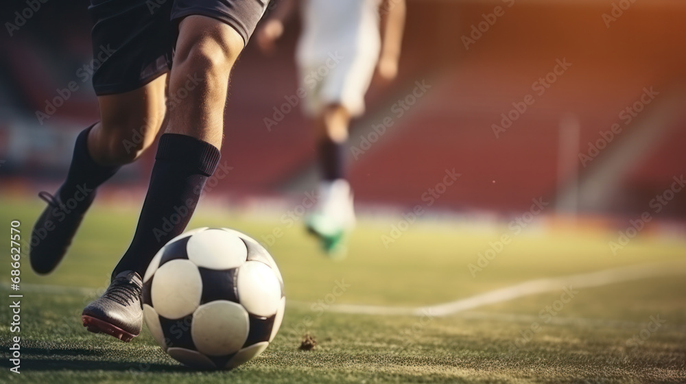 Fototapeta premium Football World Championship: Soccer Player Runs to Kick the Ball. Ball on the Grass Field of Arena, Full Stadium of Crowd Cheers. International Tournament. Cinematic Shot Captures Victory.